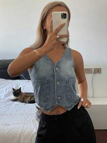 DAZY Women's Vintage Distressed Denim Sleeveless Vest, Spring Style - Blue - View 5