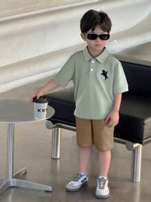 SHEIN Leap Crew 2 件/套年轻男孩舒适休闲时尚日常学院刺绣针织 Polo 衫和宽松编织短裤，适合春夏季、日常穿着、运动、郊游、上学、聚会、节日、拍照 - 綠色 - 查看 7