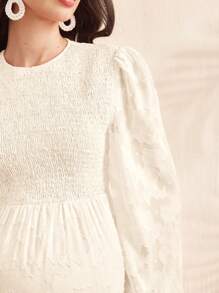 SHEIN Maternity Lantern Sleeve Ruffle Trim Jacquard Waist Cinched Dress - Apricot - View 6