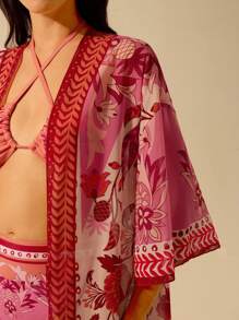 CAJUNI Women's Boho Tropical Print Vacation Casual Summer Beach Cover Up Kimono, Holiday, Vacation Woman, Festival, Country Concert