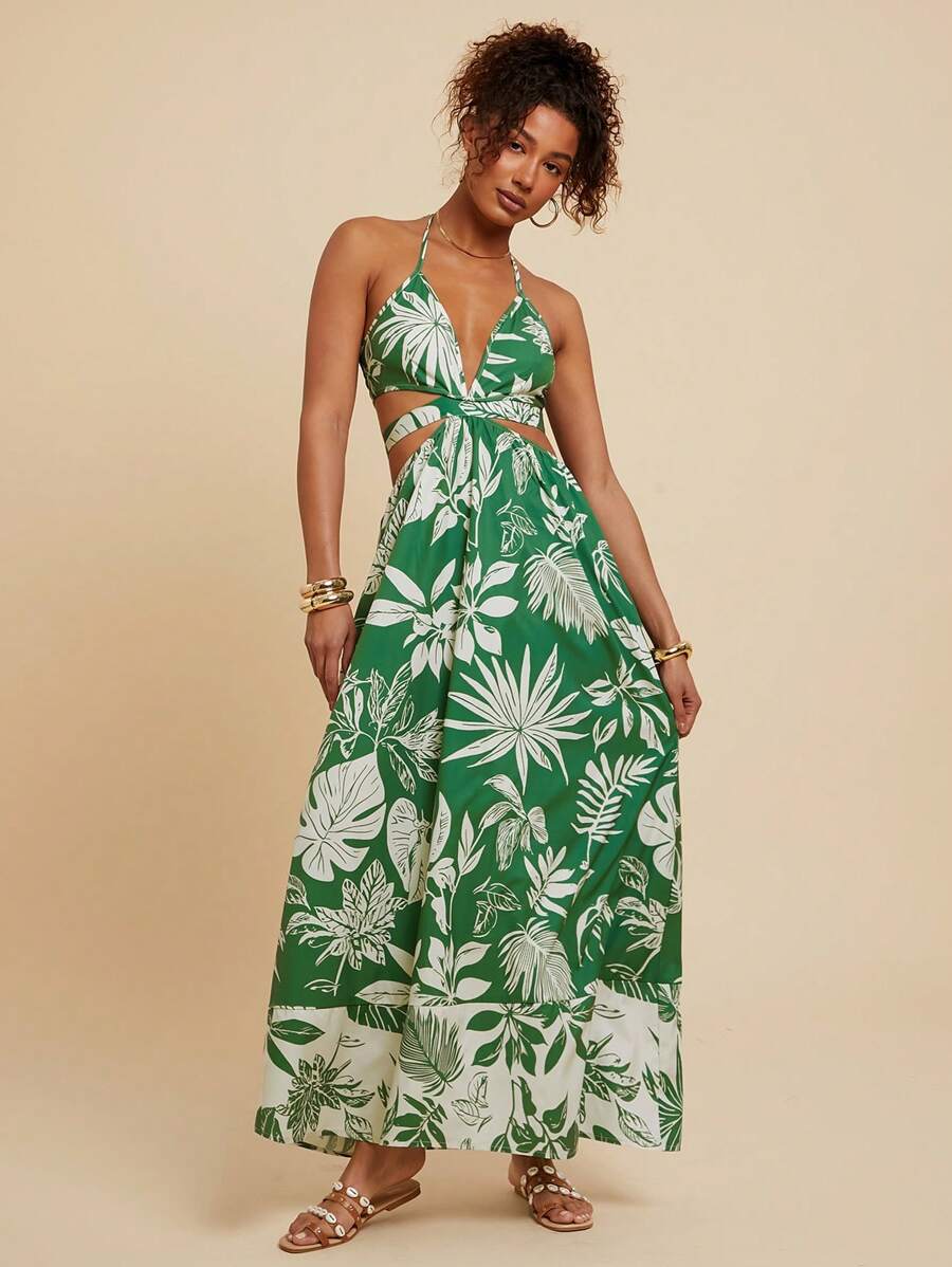 Travachic Women's Tropical Floral Print Backless Sleeveless Dress,Vacation - Green - View 1