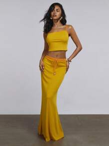 Athîral Jupe élégante pour femmes avec nœud à la taille et ourlet en queue de poisson bicolore - Orange - Voir 1