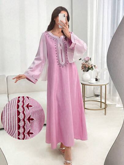 Al Najma 刺绣长袖 A 字连衣裙，简约时尚网眼拼布，朴素长袍