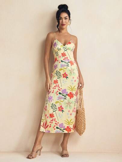 Miriam Omar Yellow Floral Print Satin Side Splits Spaghetti Straps Cami Dress Spring And Summer Dress For Women, Vacation Sundress, Rave, Prom Dress, Brunch Outfits, Tea Party Dress