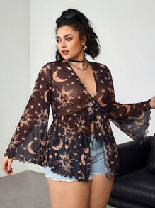 SHEIN CURVE+ Blusa de manga larga con cuello en V con estampado de estrellas y lunas para mujeres talla grande, ideal para el festival de música y el Ramadán
