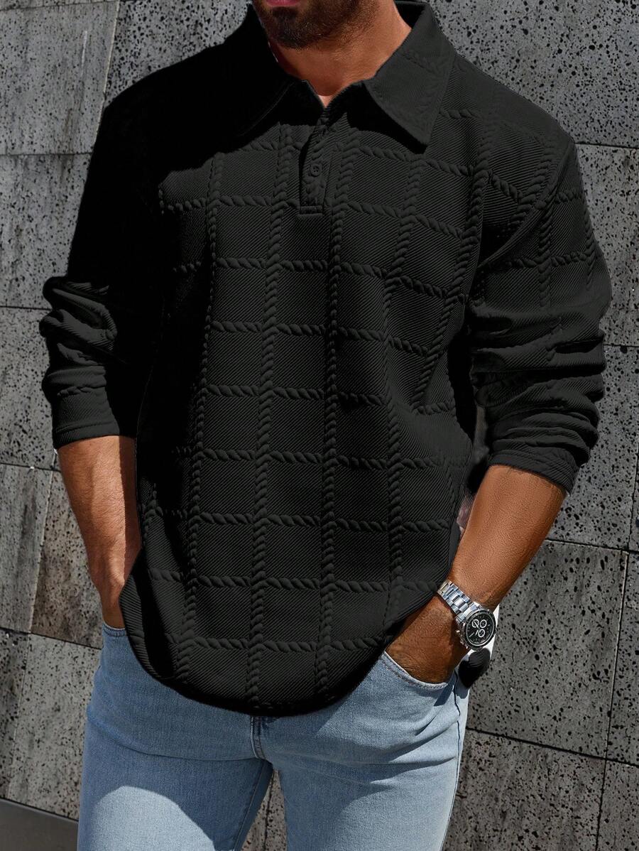 Manfinity Homme Plus Size Men's Casual Solid Color Textured Polo Shirt, For Fall, Long Sleeve Top - Black - View 1