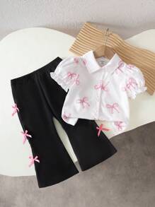 SHEIN Playful Pals 女宝宝韩版可爱全蝴蝶印花短袖翻领衬衫和白色梭织喇叭裤两件套，夏季 - 黑色 - 查看 1