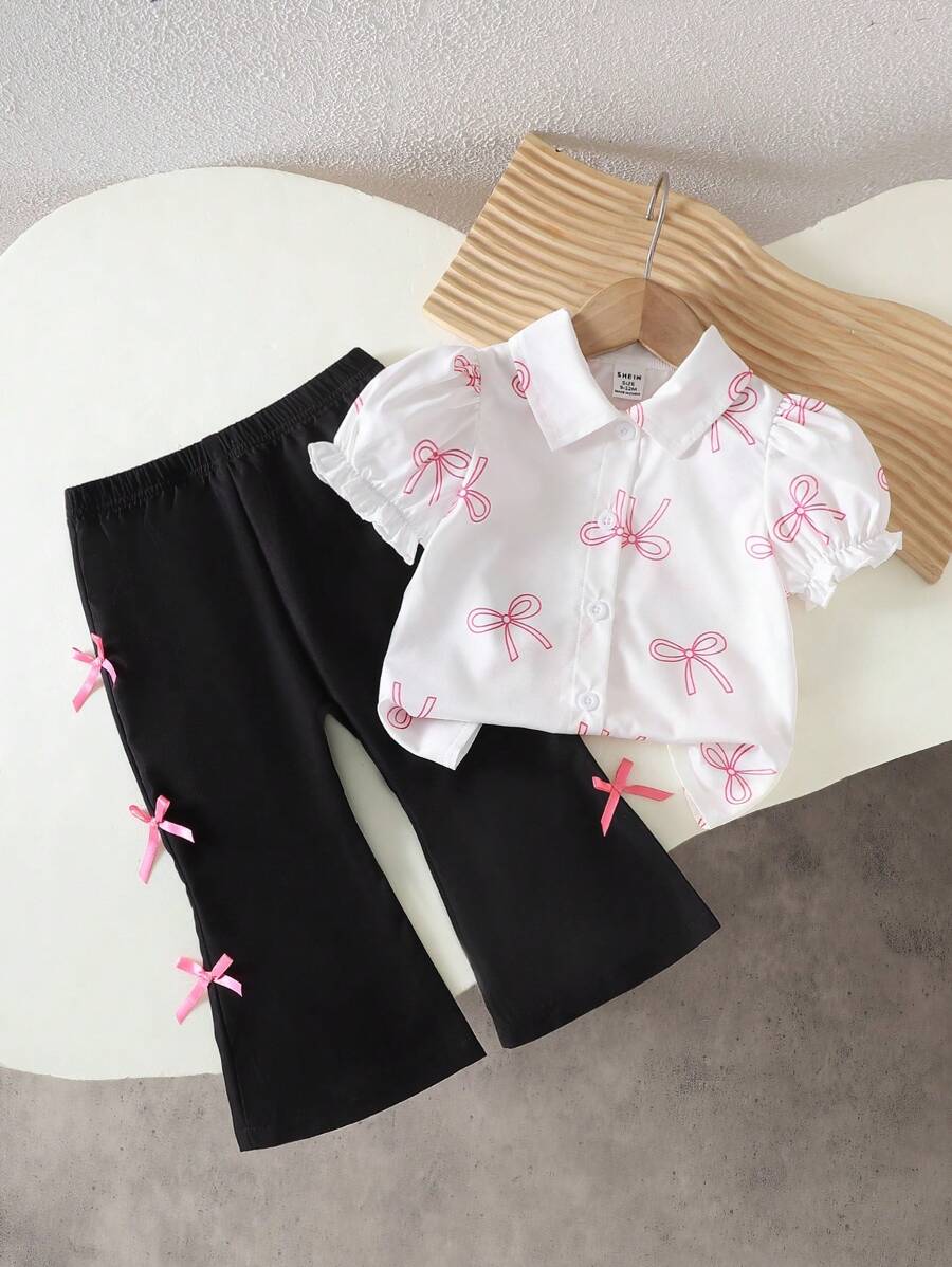 SHEIN Playful Pals 女宝宝韩版可爱全蝴蝶印花短袖翻领衬衫和白色梭织喇叭裤两件套,夏季 - 黑色 - 查看 1