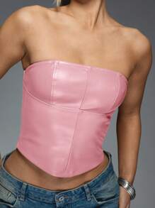 MISSGUIDED Corset Style Bustier Tank Top Faux Leather Structured Boned Crop Party Club Festival Y2K Strapless Sleeveless Fitted Bodycon Women Top - Baby Pink - View 7