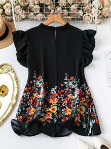 SHEIN CURVE+ Elegant Commuting Vintage Casual Women's Fashion Versatile Popular Floral Fabric Ruffle Sleeve Design Black Plus Size Shirt, Suitable For Spring, Summer, Autumn