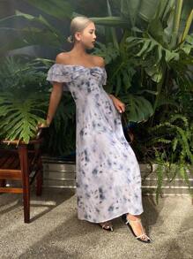 DAZY Boho-Stil Batik Batik Blume Muster Chiffon Kleid mit Rüschenabschluss und gedrehter Off-Shoulder Vorderseite, für Urlaub und Strandurlaub