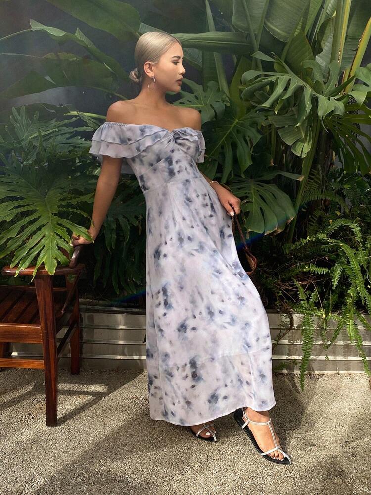 Bohemian Style Tie Dye Tie-Dye Floral Print Chiffon Dress With Ruffle Hem & Twist Front Off Shoulder Design, For Holiday Beach Vacation Cocktail Dress