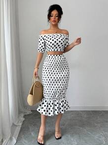 Elenzga Elegant Sexy Bohemian Off Shoulder Two-Piece Set: Polka Dot Frill Hem Cropped Top - White - View 6