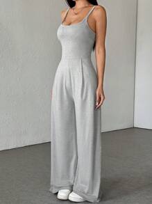 Flirla Petite 女士夏季简约纯色露背宽松阔腿连体裤 - 淺灰色 - 查看 3