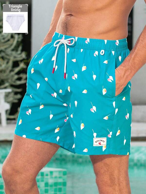 Manfinity KASUA Plus Size Men's All-Over Print Drawstring Beach Shorts With Pockets