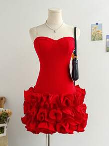 Soleia 女士 Ankala 红色露肩荷叶边下摆装饰迷你连衣裙，适合度假 - 紅色 - 查看 3