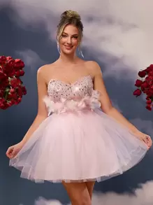 SHEIN Belle Elegant, Romantic, Dignified, Youthful Vitality, Spring And Summer, Light Pink, Mesh, Sequined Stitching Tube Dress, Fishbone Waist Graduation Dress, Concert Dress, Vacation Dress, Cute Summer, Prom Dress, Wedding Guest Dress (Feather Decoration), Party Dress,Graduation,Graduation Dresses For Women,Back To School Dress