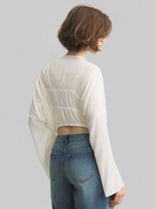 Ontre 2025 Spring & Summer Women's Solid Color Front Tie Ruched Long Sleeve Fashionable Blouse, Suitable For Everyday Wear - White - View 2