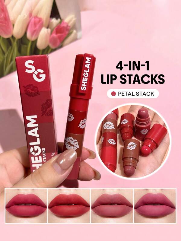 SHEGLAM Mega Lip Stacks-Pink-Petal Stack 4 îN 1 Kit De Ruj RoșU Crem-Mat, Cu Pigment îNalt, Ruj Portabil De CăLăTorie, FăRă Uscare, Machiaj Pentru Buze Roz Fierbinte Ruj De Vineri Negru Absolvire Zi De NașTere Vacanță Vară Toamnă Y2K Elegant Modă Femei Machiaj Cosmetice Petrecere Plajă CăLăTorie Camping ÎN Aer Liber ȘCoală Campus Excursie Festivaluri Decor Cadou Cadou Trandafir Fată Cosplay Cel Mai Bun Culoare Farmec Atmosferă
