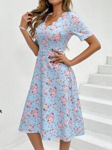 SHEIN Clasi Rochie de vacanță de vară, elegantă, cu decolteu în V, cu decor cu flori albastre, imprimeu subțire - Multicolor - Vizualizare 3