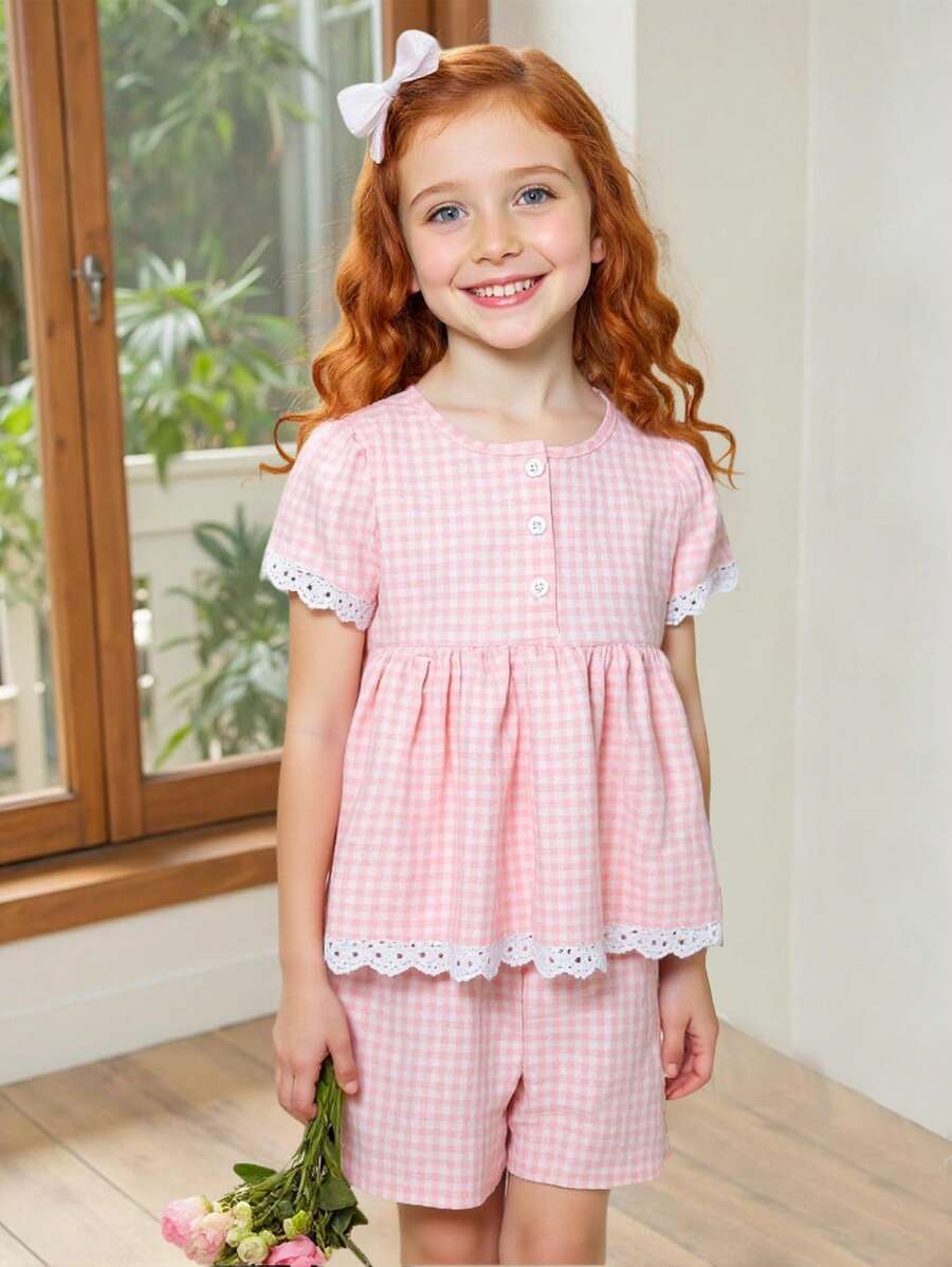 2pcs Girls Plaid Shorts And Short Sleeve Casual Comfortable Leisure Wear Set, Pink - Pink - View 1