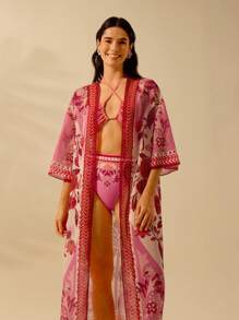 CAJUNI Women's Boho Tropical Print Vacation Casual Summer Beach Cover Up Kimono, Holiday, Vacation Woman, Festival, Country Concert