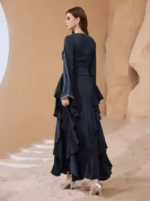 Al Najma 奢华亮片刺绣侧系腰闪光优雅阿拉伯连衣裙，端庄 - 寶藍色 - 查看 2