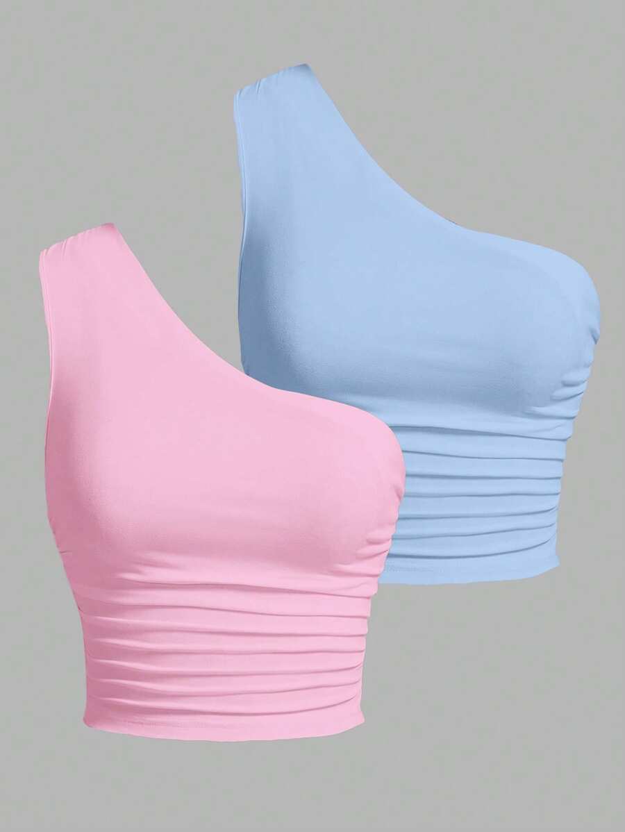 SHEIN EZwear Two-Piece Set Set Women Casual Two Tone Knit One Shoulder Ruched Rave Top