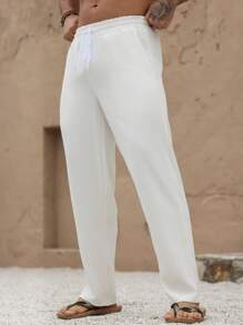 Manfinity Homme Plus Size Men's Casual Solid Color Drawstring Waist Long Pants - White - View 6