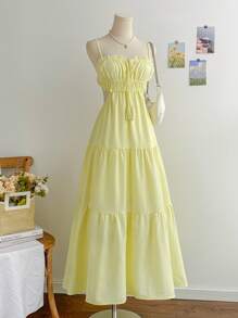 Soleia 女士度假细肩带 V 领裹腰镂空 A 字连衣裙，适合度假、音乐节、波西米亚风、休闲约会、下午茶 - 黃色 - 查看 3