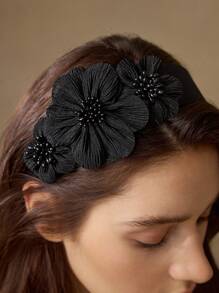 MOTF PREMIUM FLOWER PATCHED WIDE HEADBAND HAIRBAND HAIR HOOP - Black - View 1
