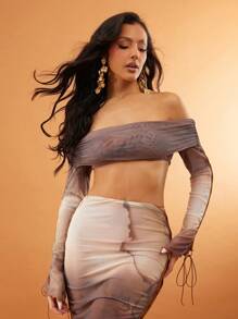 SHEIN Unity 春季性感渐变色露肩褶饰短款上衣，夏季节日派对节日音乐会女士上衣 - 彩色 - 查看 4