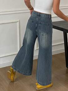 DAZY 西部休闲做旧洗水阔腿3/4牛仔裤，带口袋，女式，夏季，宽松牛仔裤