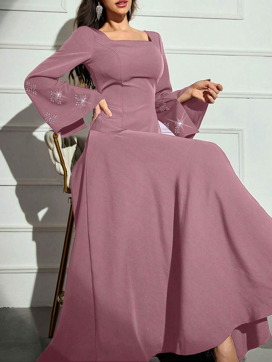 Modelyn 女士优雅纯色水钻装饰喇叭袖阿拉伯朴素长袖连衣裙长款晚礼服 - 粉色 - 查看 1