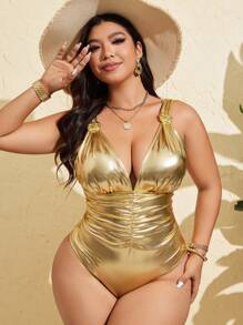 Swim Vcay Costume da bagno in un pezzo minimalista in PU con dettagli in metallo, per taglie forti, estivo