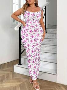 Vionelle 大码女式时尚紧身花卉印花夏季吊带连衣裙，胸部有褶饰，长款女式服装 - 玫紅色 - 查看 4