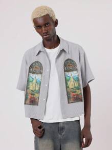 SUMWON Stained Glass Church Window Design Button Down Shirt Artistic Cathedral Print Gothic Architecture Regular Fit Casual Fall Holiday Short Sleeve Streetwear