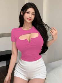 DAZY 镂空性感修身女式短袖T恤夏季，女式短款上衣 - 玫紅色 - 查看 2