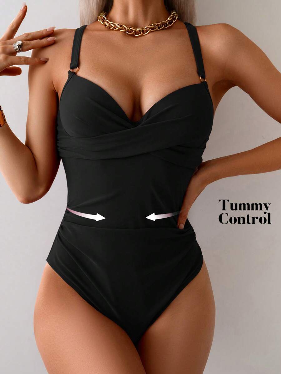 Shapewave 1pc Women's Adjustable Underwire One-Piece Swimsuit With Ruching For Summer Beach Vacation - Black - View 1