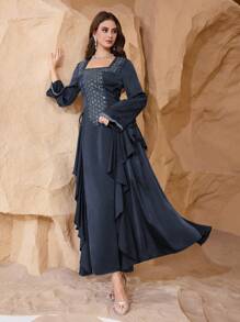 Al Najma 奢华亮片刺绣侧系腰闪光优雅阿拉伯连衣裙，端庄 - 寶藍色 - 查看 1
