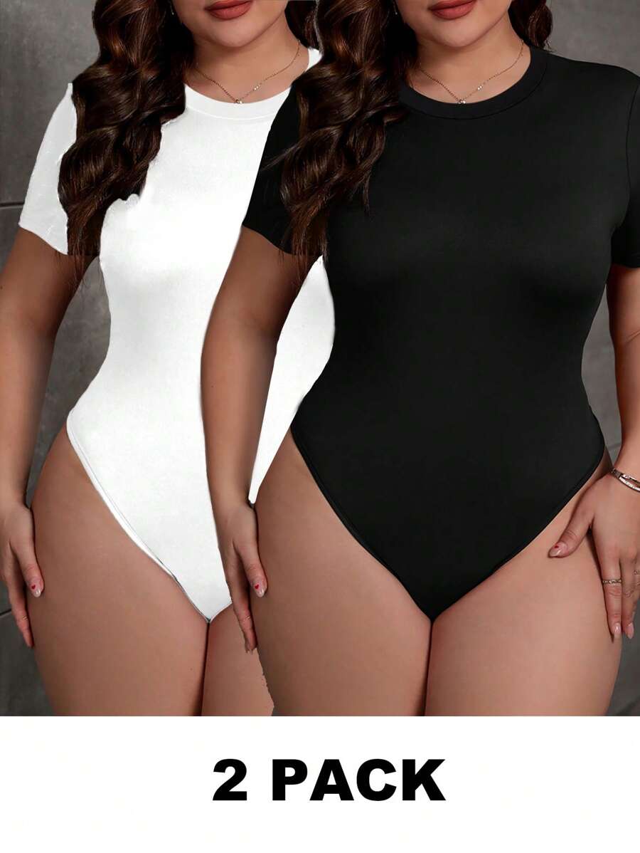 SHEIN Essnce 2 Pieces Plus Size Black & White Solid Color Bodysuit, Casual & Minimalist, Suitable For Summer - Black and White - View 1