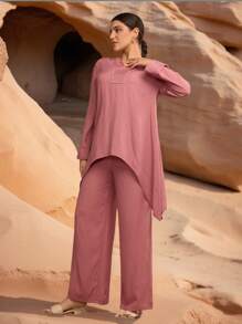 Graceveil Conjunto de 2 piezas: Top con cuello en V y volantes en el bajo, y pantalón largo de cintura elástica para mujer, para primavera/verano - Rosa - Ver 3