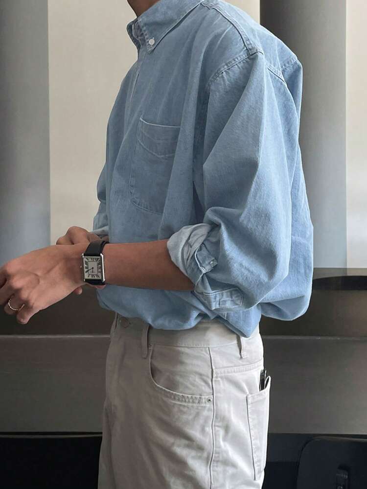 Men's Long Sleeve Single Breasted Casual Pocket Loose Denim Shirt,Fall Clothes