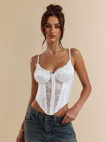 SHEIN BAE Spring/Summer Women Solid White Lace Splice Satin Camisole Tank Top, White Lace Camisole - White - View 6