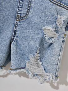 2pcs/Set Girls' Casual Ripped Distressed Denim Shorts With Suspenders, Comfortable Elastic& Soft, Street Style For Daily Wear, School, 2025 Spring Summer New Arrival All-Match Style Hot Item