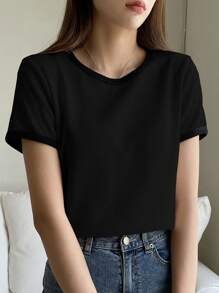 DAZY Women's Casual Solid Color Basic Round Neck Short Sleeve T-Shirt, Summer Top - Black - View 5
