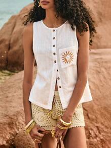 Poéselle 女士无袖圆领太阳刺绣衬衫，度假女装，可爱夏季上衣，外出上衣，沙滩女装，夏季女装 - 白色 - 查看 6