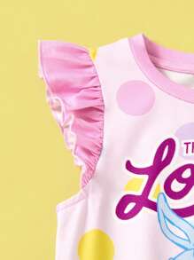 LOONEY TUNES X SHEIN Young Girl Cartoon Rabbit Polka Dot Print Knit Round Neck Contrast Color Flounce Cap Sleeve Flame Retardant A-Line Pajama Dress