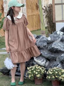 DAZY Tween Girl' Colorblock Doll Face Bow Decor Woven Short Sleeve Dress, Summer,Back To School Clothes - Brown - View 6