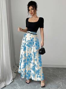 Gloray Women's Elegant Fitted Waist Tie Qipao Style Printed Short Sleeve Square Neck Knit Dress